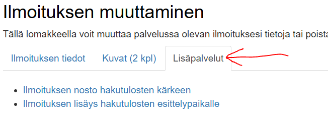 Ilmoituksen muuttaminen -sivu