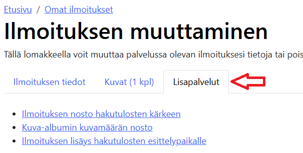 Ilmoituksen muuttaminen -sivu