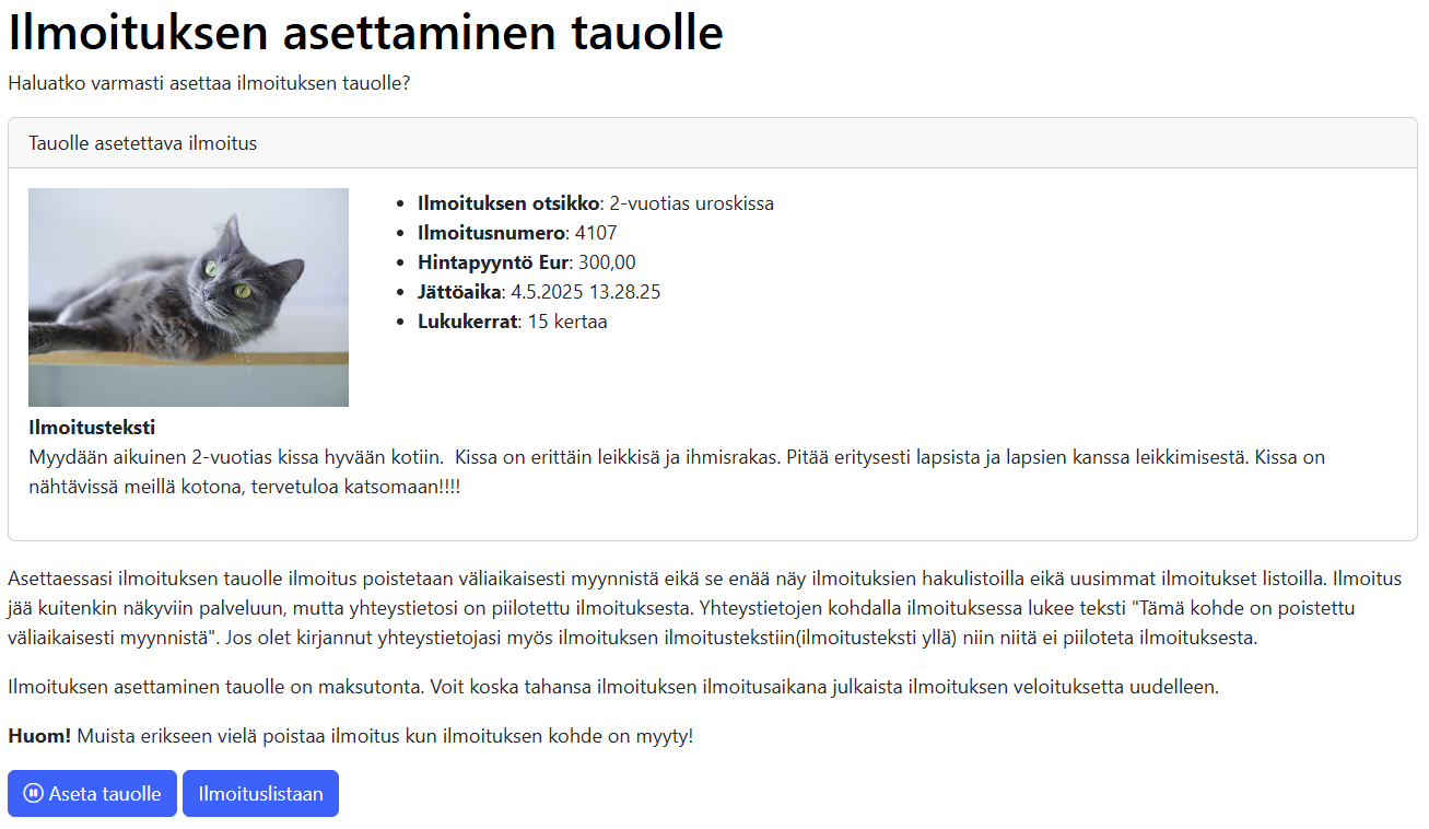 Ilmoituksen asettaminen tauolle vahvistus